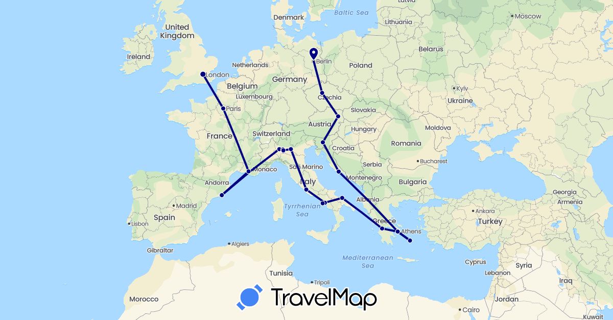 TravelMap itinerary: driving in Austria, Czech Republic, Germany, Spain, France, United Kingdom, Greece, Croatia, Italy, Slovenia (Europe)